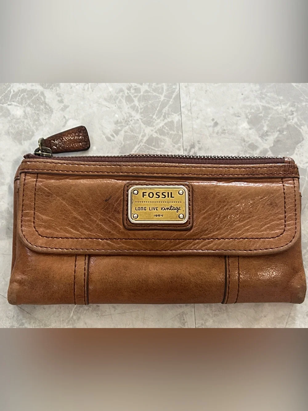 Fossil Tan Leather Zip-Around Wallet with Brass Logo Plate